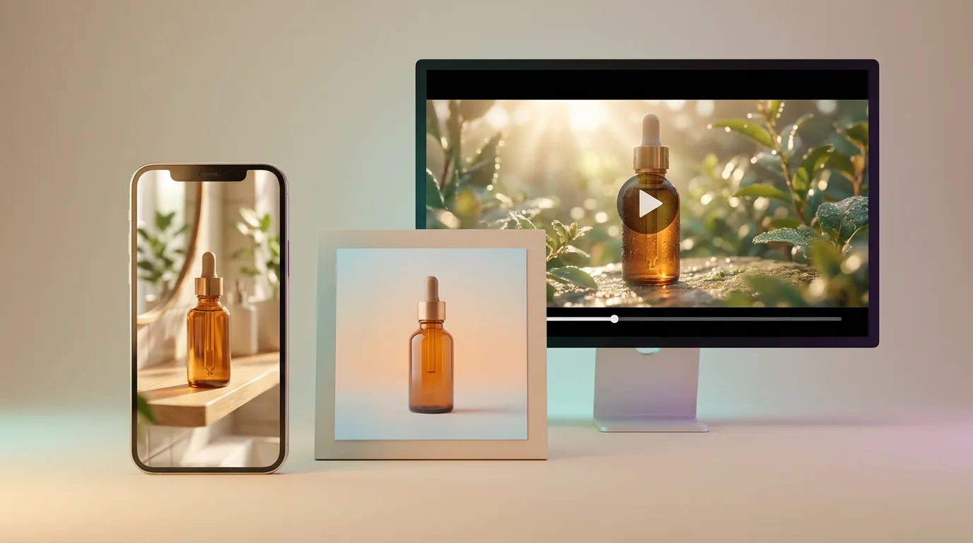 A phone, a square card, and a monitor showing one serum bottle as a vertical story ad, a square feed ad, and a landscape video ad