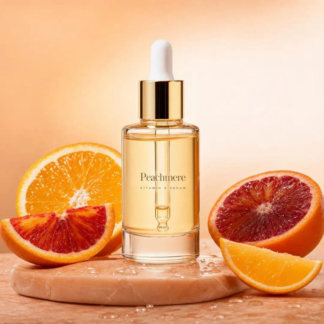AI-generated example feed ad for Peachmere, a fictional skincare brand: a vitamin C serum dropper bottle on a peach stone plinth with orange slices