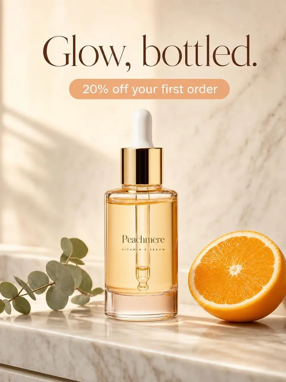 AI-generated example offer ad for Peachmere, a fictional skincare brand: the serum bottle on a marble shelf with the headline Glow, bottled. and a 20% off your first order badge