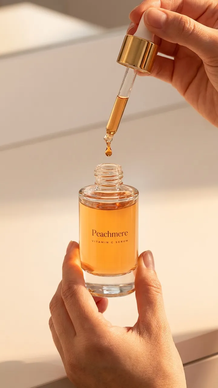 AI-generated example vertical Reels ad for Peachmere, a fictional skincare brand: a hand lifts the gold dropper from the serum bottle as an amber droplet forms at the tip