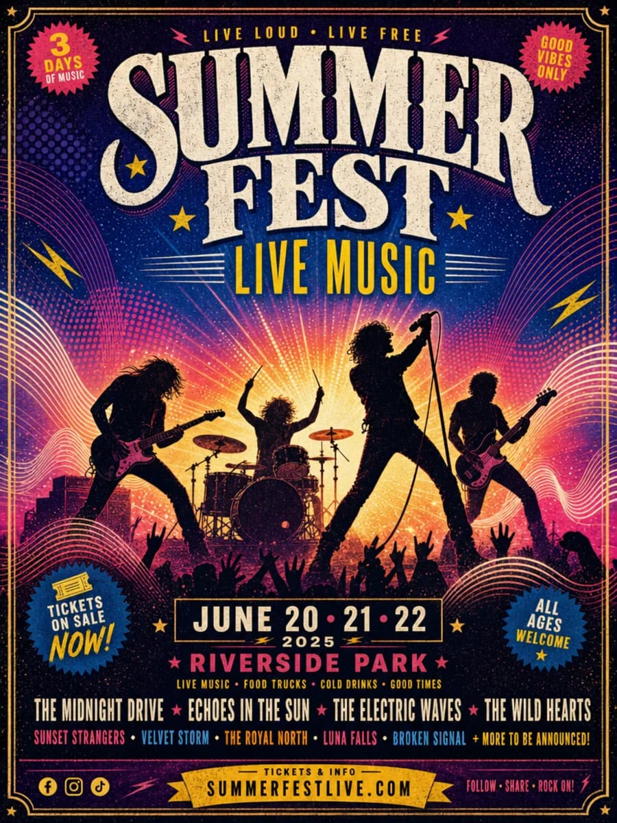 AI-generated concert and gig poster with bold typography and vibrant lighting