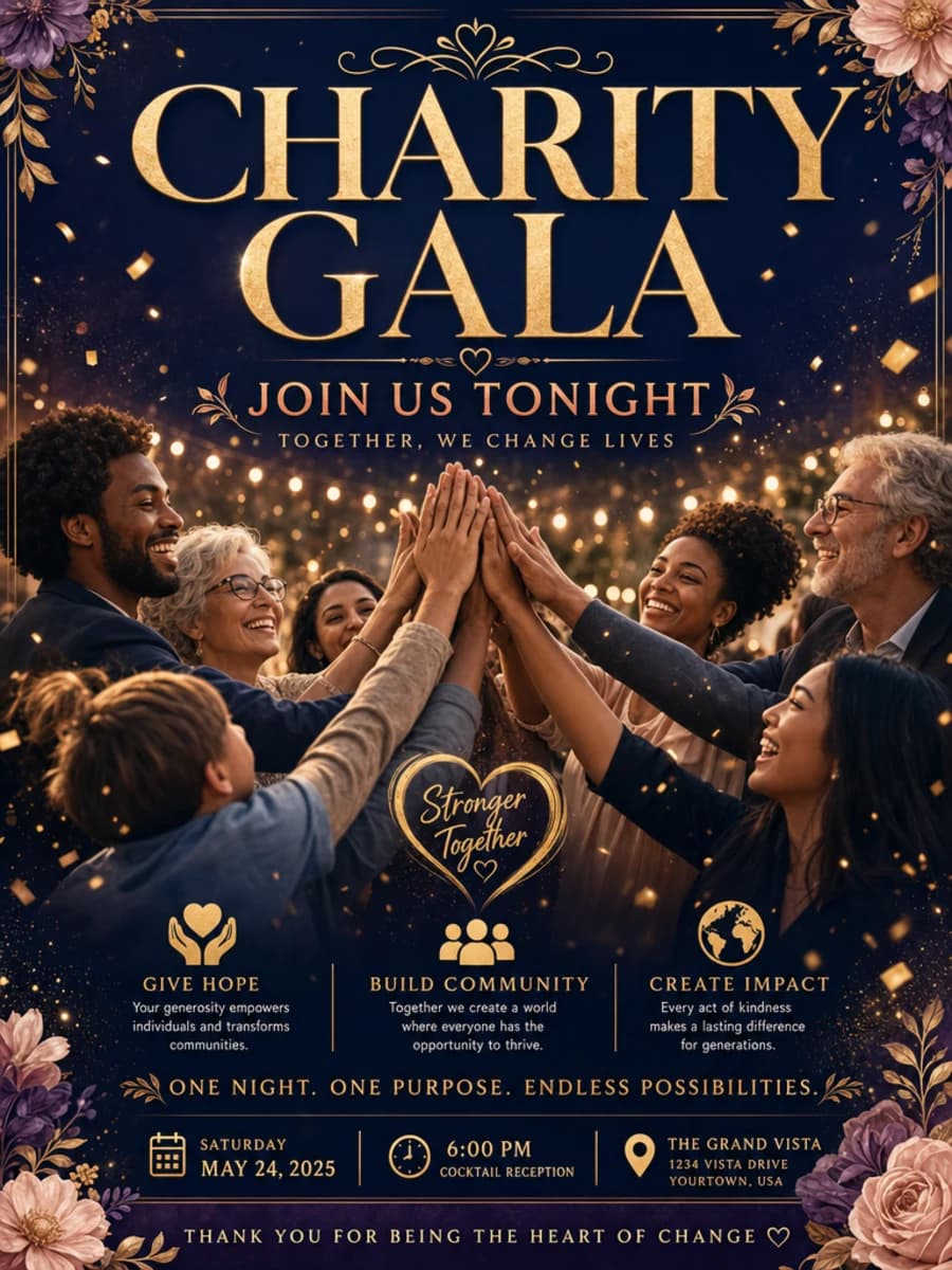 AI-generated nonprofit fundraiser poster with warm, community-focused artwork