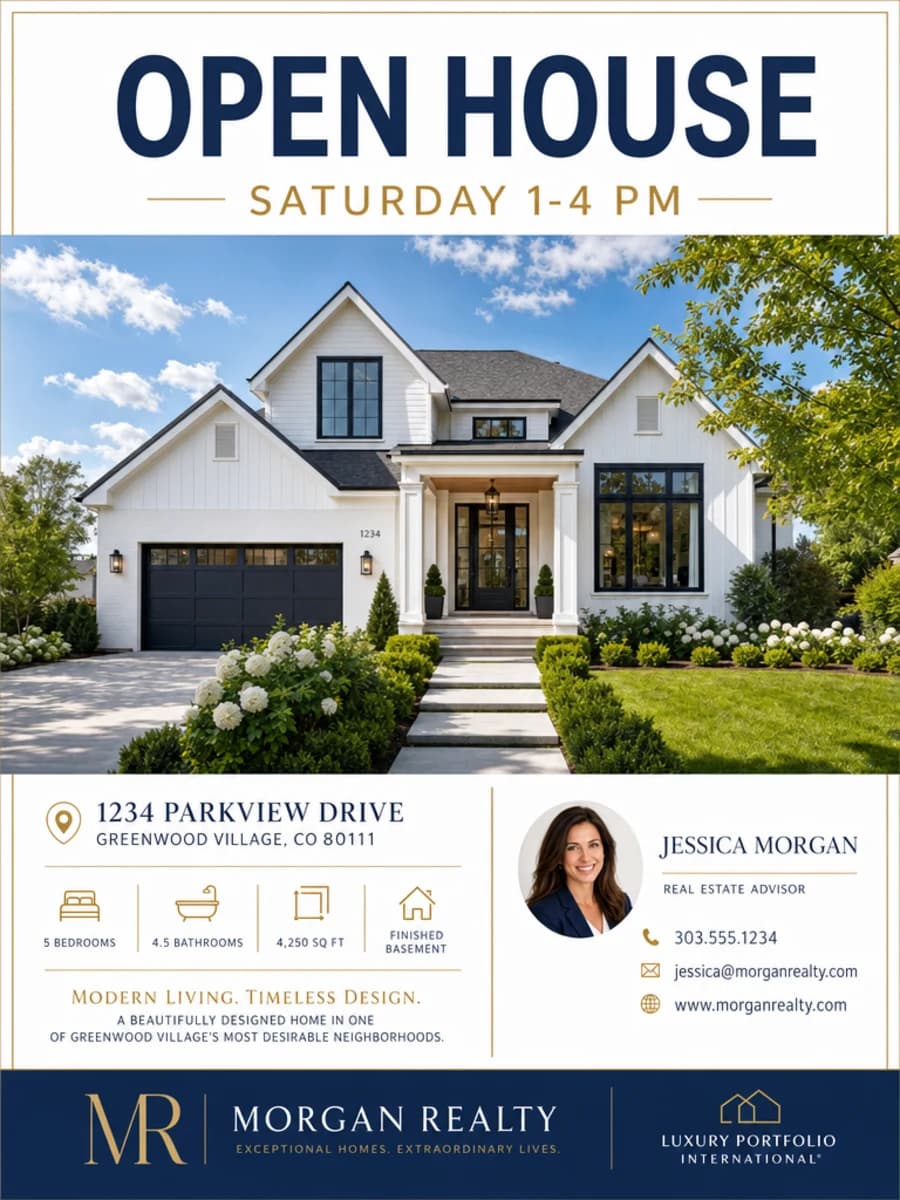 AI-generated real estate open house flyer featuring a listed home and event details