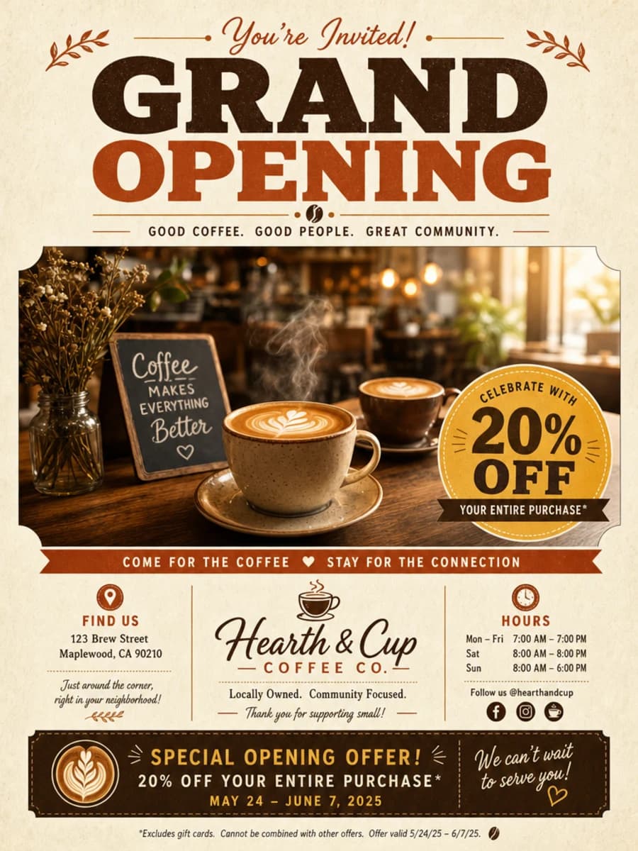 AI-generated small business promotional flyer for a sale and grand opening