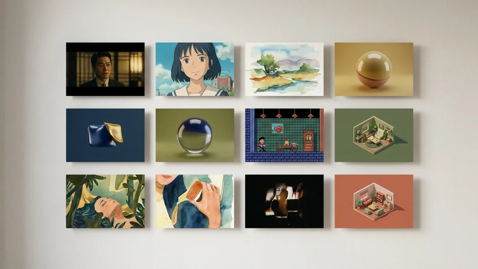 Grid of AI image styles including cinematic, anime, watercolor, and pixel art examples