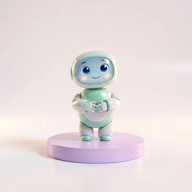 3D render style example of a rounded robot mascot waving on a pastel background