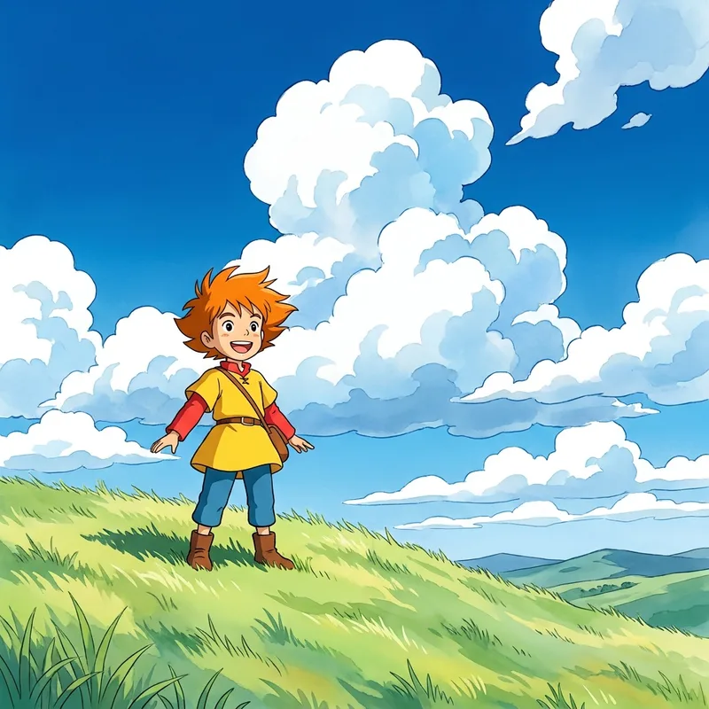 Anime style example of a young swordsman on a cherry blossom hill at sunrise