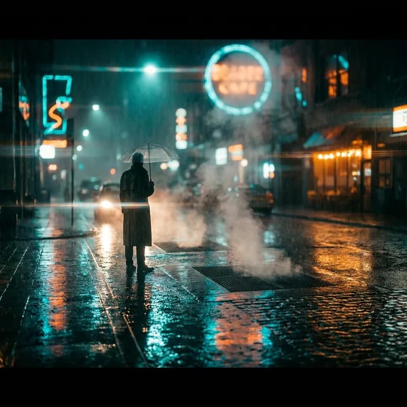 Cinematic style example of a traveler on a neon-lit rainy street at night