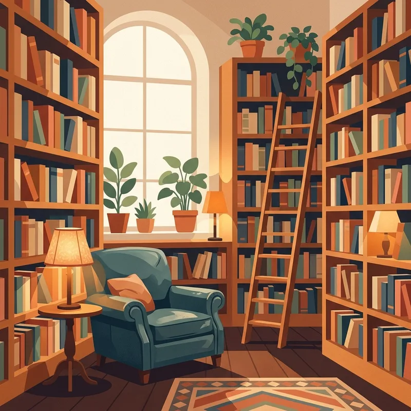Illustration style example of a cozy bookshop with a sleeping cat on the windowsill