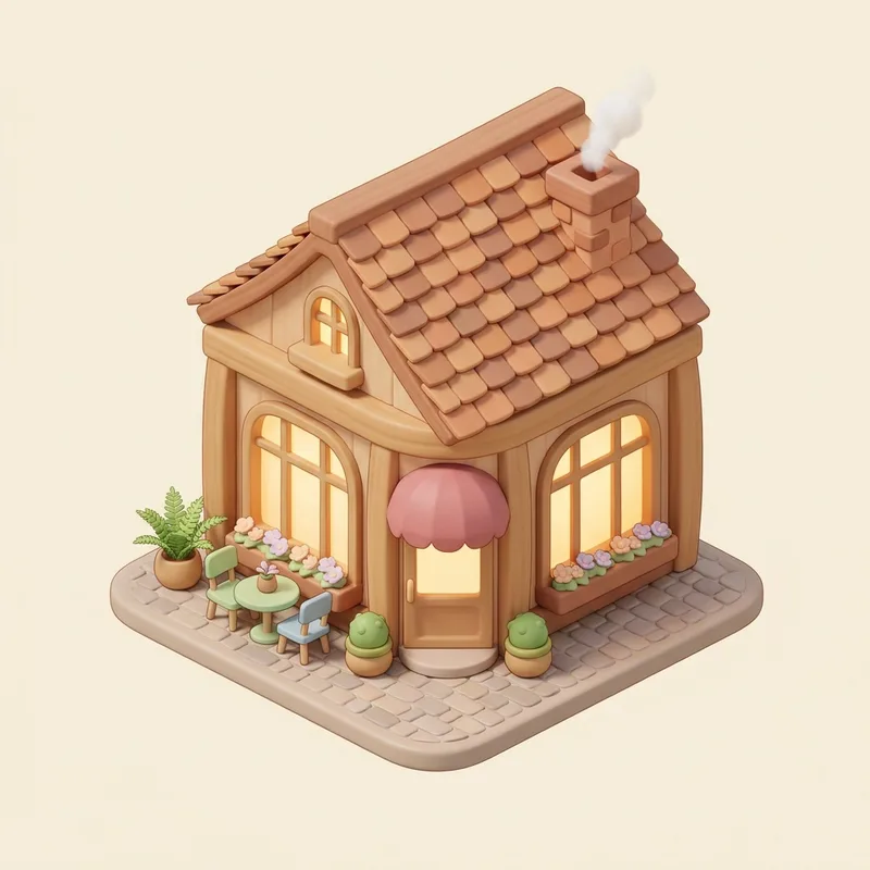 Isometric style example of a cutaway coffee shop seen from a 45-degree angle