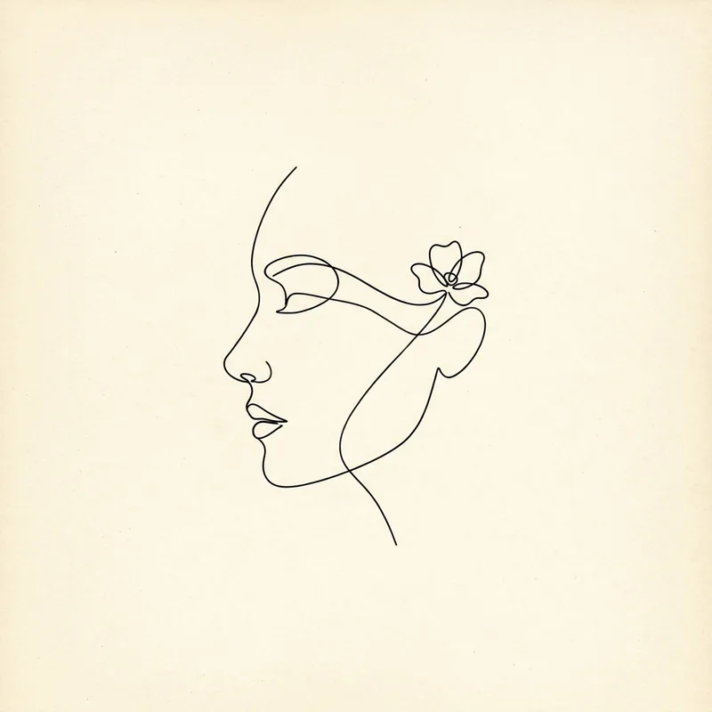Line art style example of a single-line hummingbird drawing near a flower