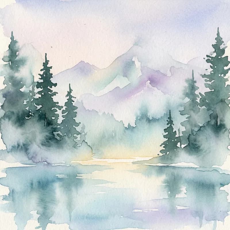 Watercolor style example of a misty mountain lake at dawn with pine trees