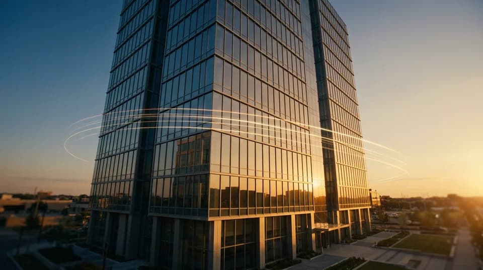 AI-generated corporate brand film: an elegant modern glass office building at golden hour with soft motion-graphic light streaks