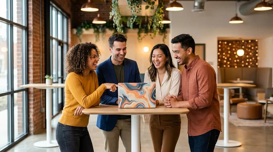 AI-generated culture highlight video: a candid team moment in a stylish open-plan office with colleagues laughing together
