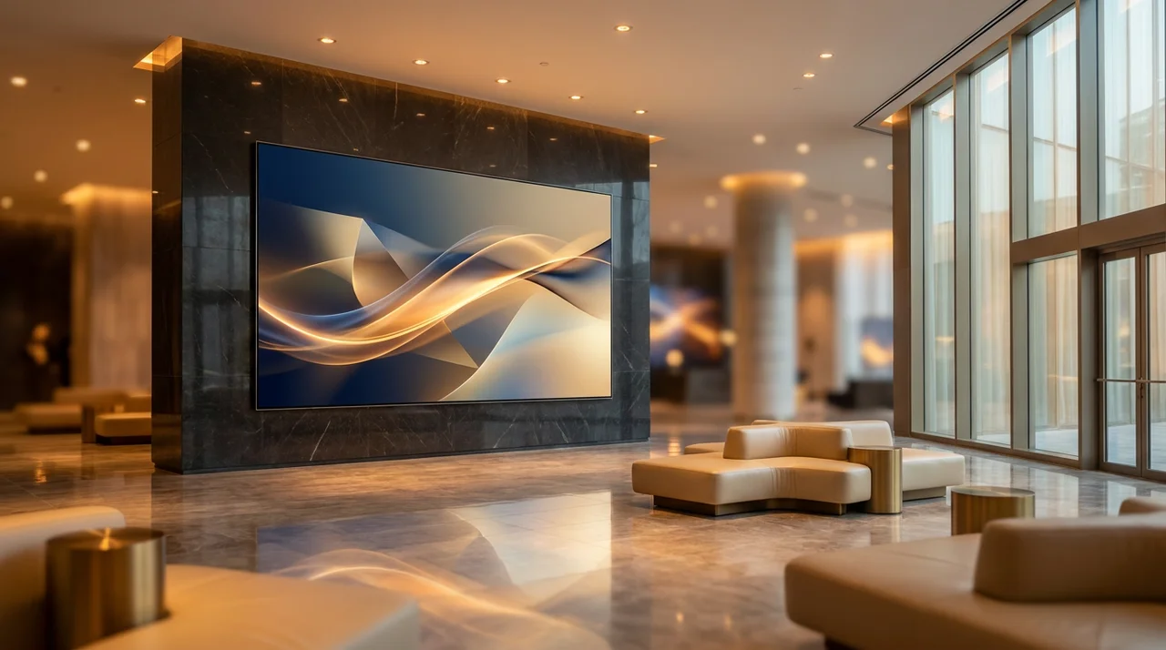 AI-generated corporate video: a polished brand film with motion graphics playing on a large screen in a modern headquarters lobby