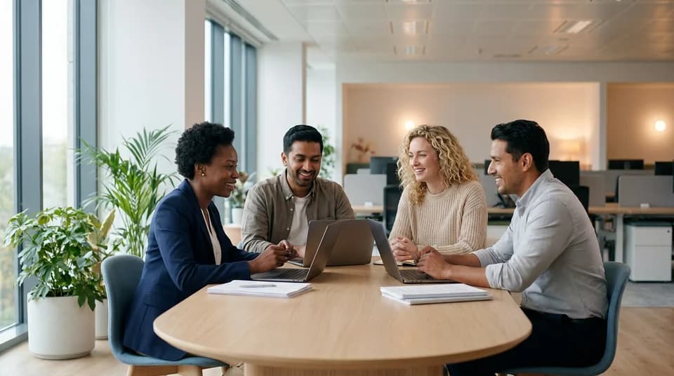 AI-generated recruiting video: a bright welcoming modern office with a diverse team collaborating and smiling around a table