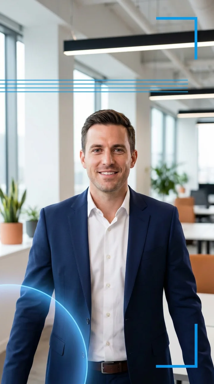 AI-generated vertical corporate video for social: a confident professional in a modern office framed for a phone screen with brand motion graphics
