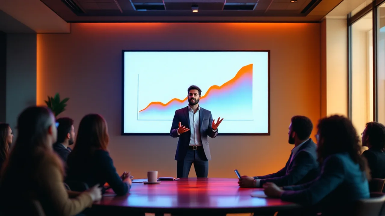 AI-generated pitch video: a founder presenting a startup vision on a bright stage with dynamic motion graphics