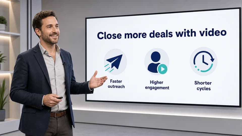 AI-generated sales pitch video: a confident presenter closing a deal with a clear call to action