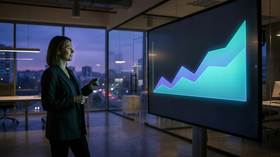 AI-generated startup investor pitch video: a founder presenting a growth chart to an engaged audience