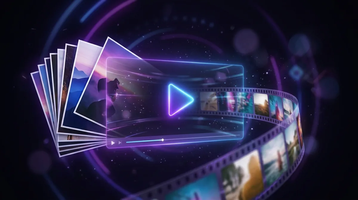 AI-generated slideshow video: a stack of photos flowing into an animated video timeline