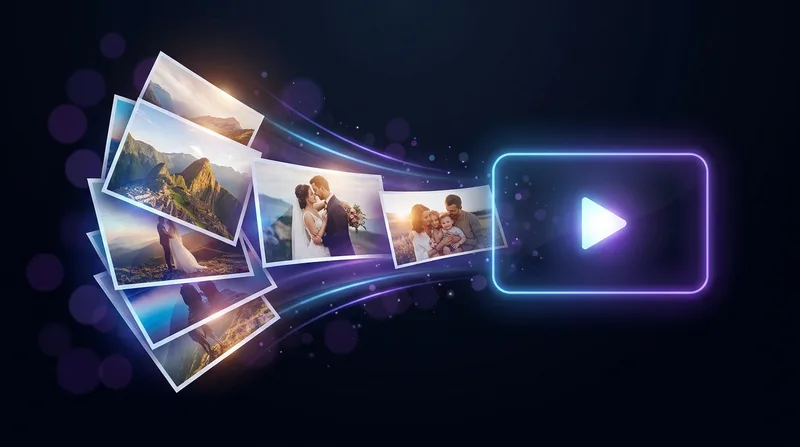 AI-generated photo slideshow video turning travel and family photos into an animated highlight reel