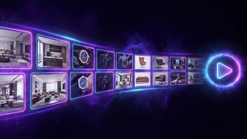 AI-generated showcase slideshow video rolling product and real-estate photos into a smooth tour