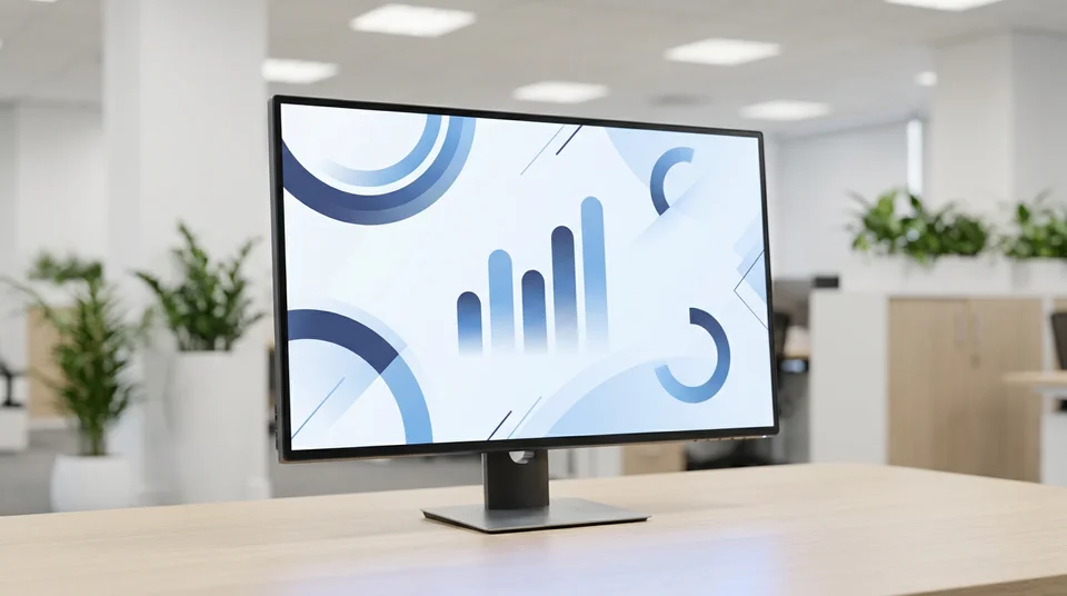 AI-generated corporate video presentation: an animated business slide with abstract charts on a widescreen in a modern office