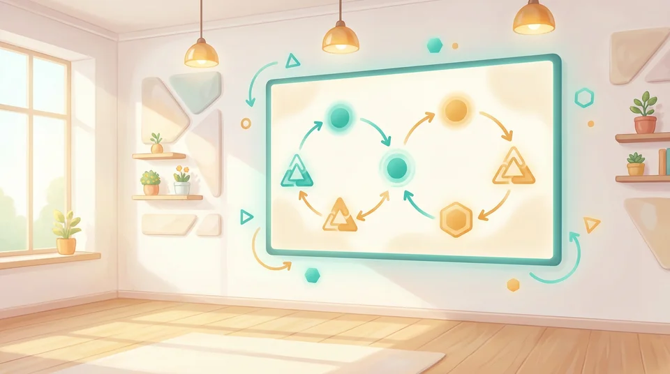 AI-generated training video presentation: a warm animated lesson slide with simple diagram shapes in a bright learning space