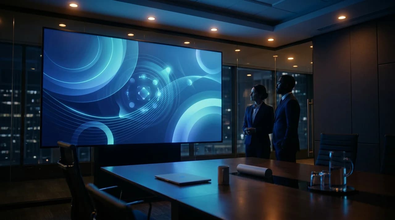 AI-generated video presentation: an animated business slide with motion graphics playing on a bright widescreen in a modern room