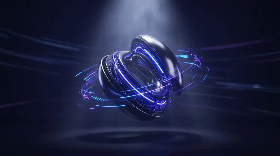 AI-generated sales video presentation: a sleek product hero with dynamic motion graphics and a spotlight glow on a dark studio background