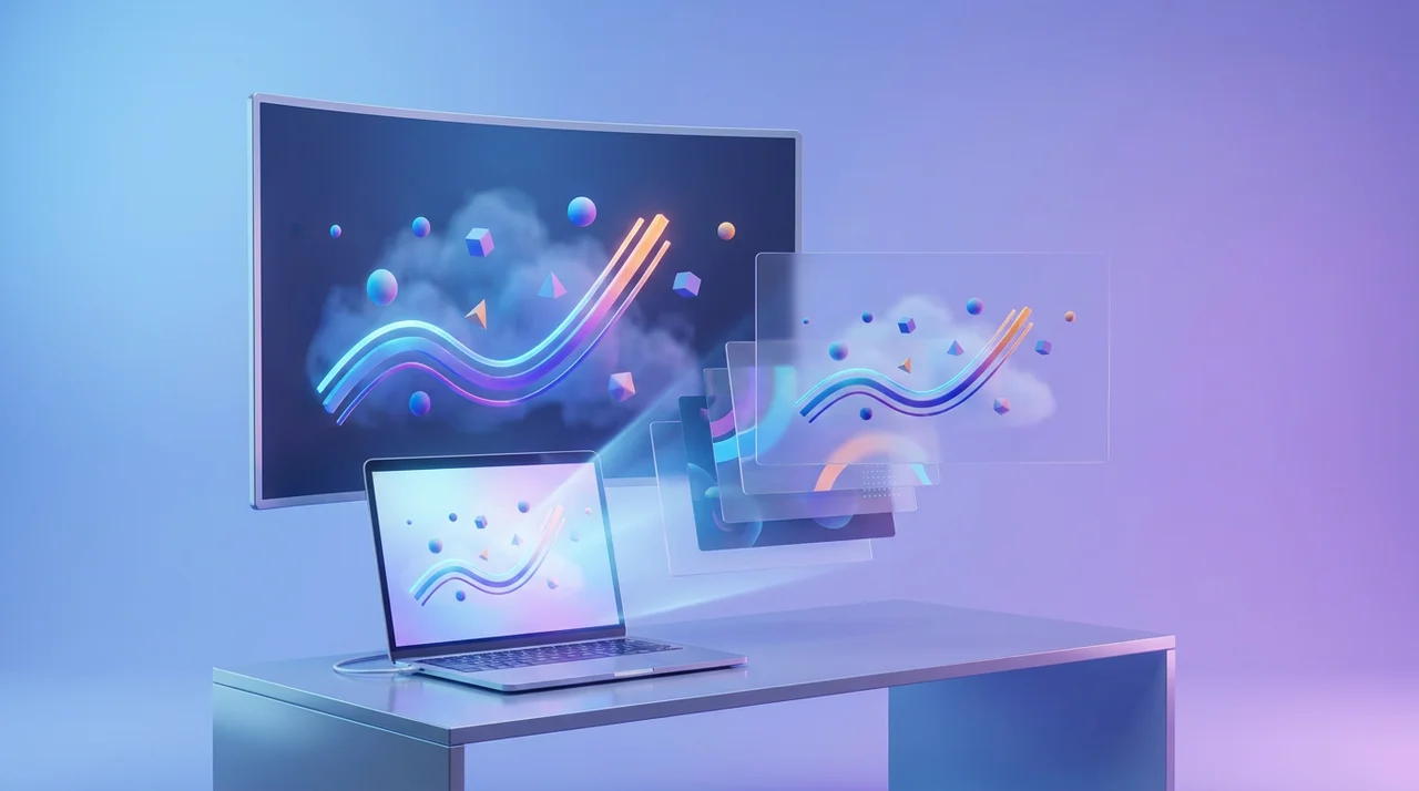 A curved monitor and a laptop on a desk, with translucent slide panels floating between them showing abstract ribbons of light and 3D shapes on a violet background