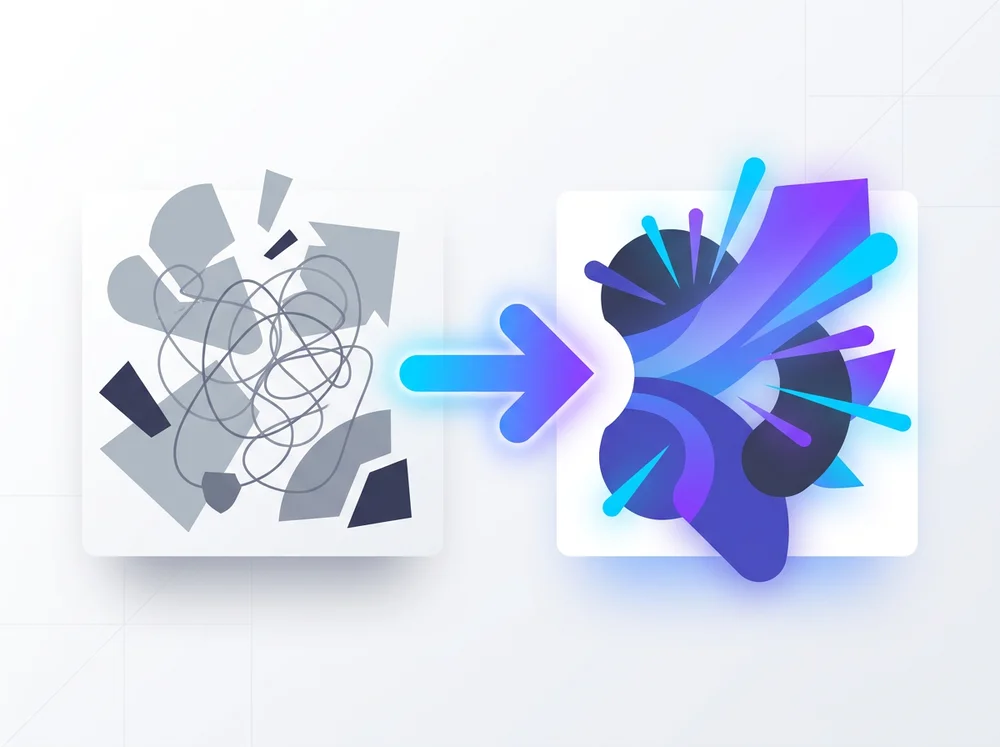 AI-generated problem-and-solution illustration showing a tangled grey panel transforming into a vibrant one