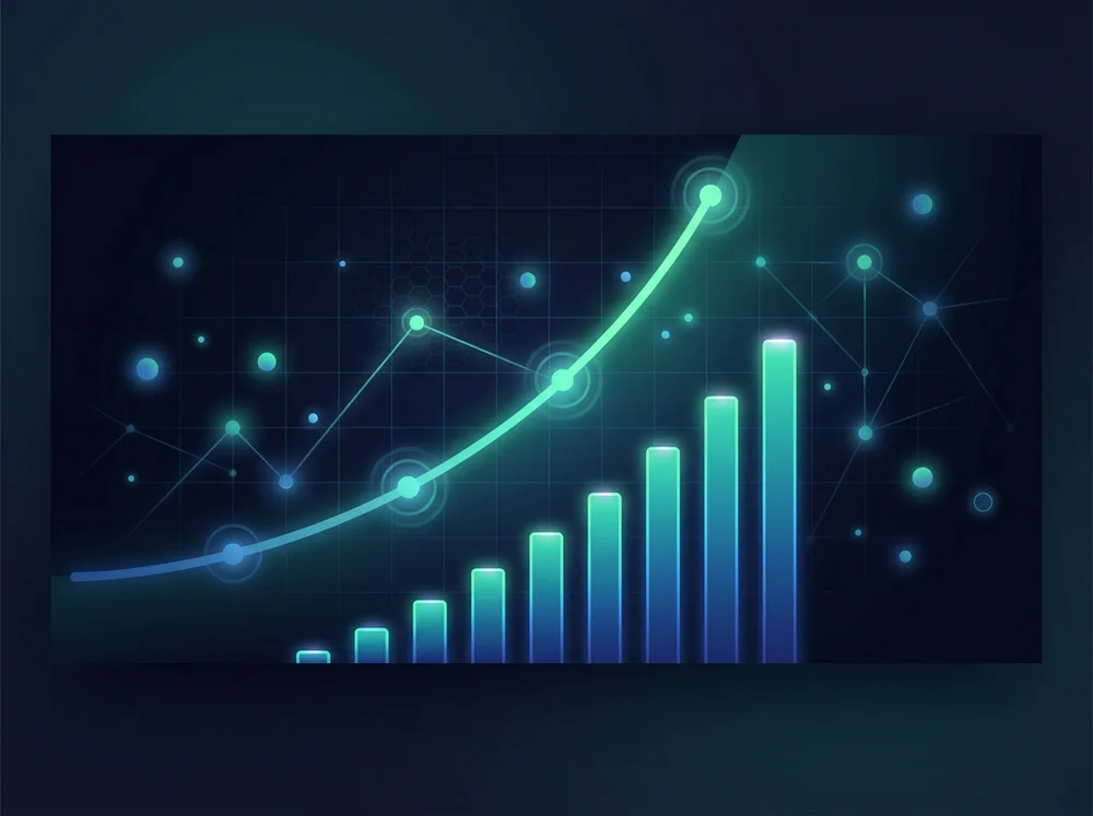 AI-generated traction background with an upward-trending line and rising bars on a dark dashboard