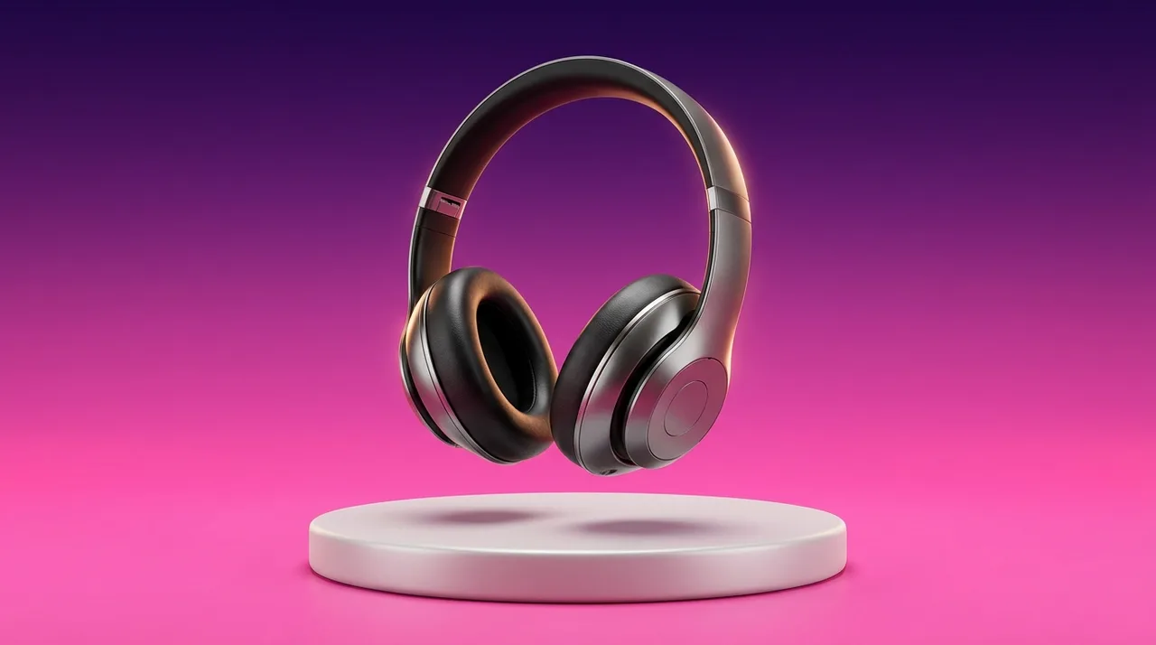 AI-generated product marketing hero image of premium headphones on a purple and pink gradient stage