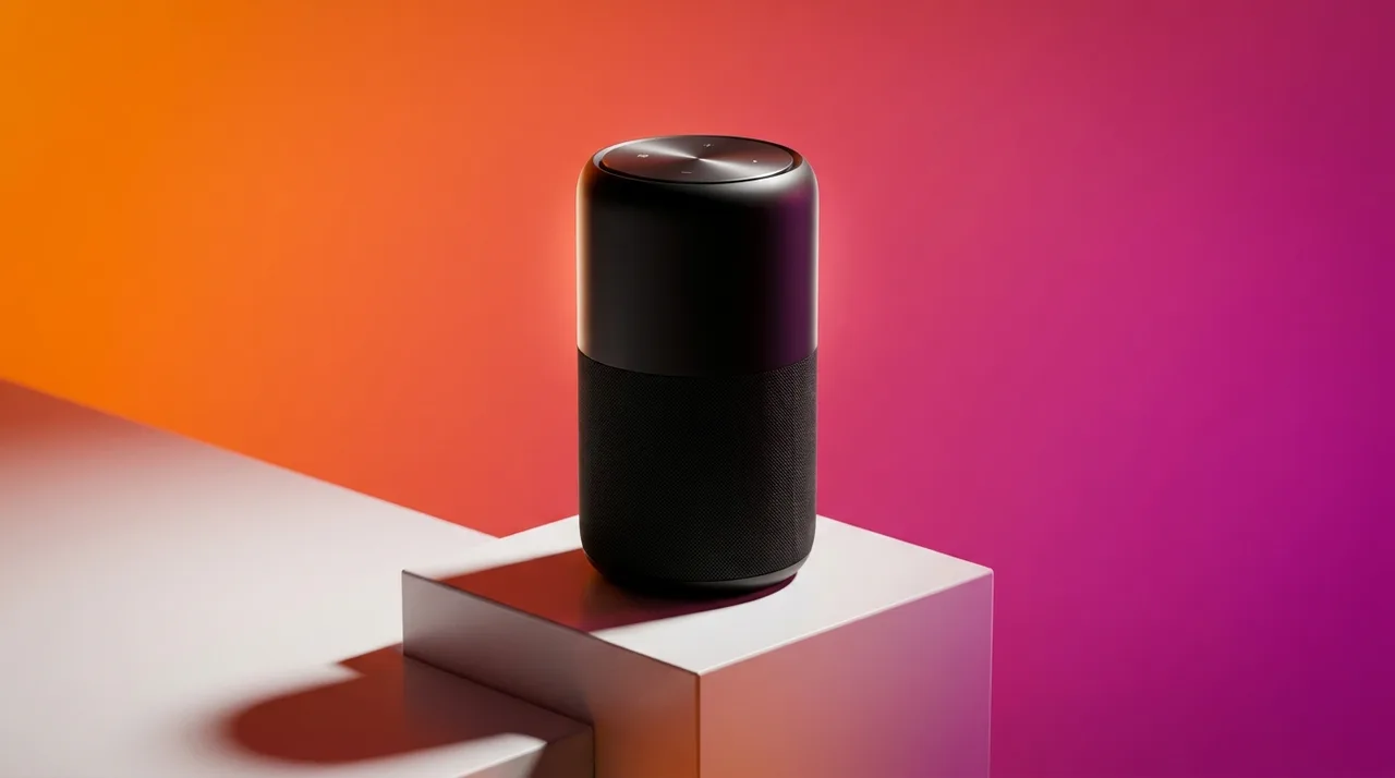 AI-generated product launch hero shot of a sleek smart speaker on a vibrant gradient stage