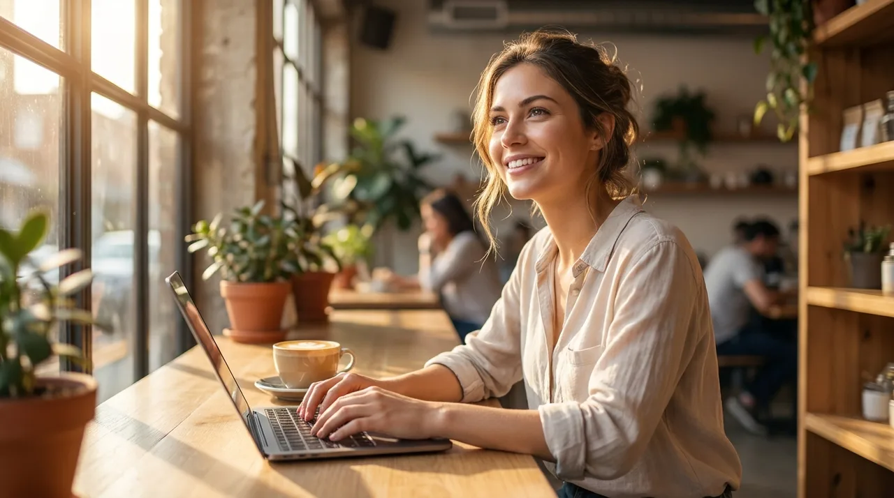 AI-generated lifestyle marketing photo of a professional using a laptop in a sunlit cafe