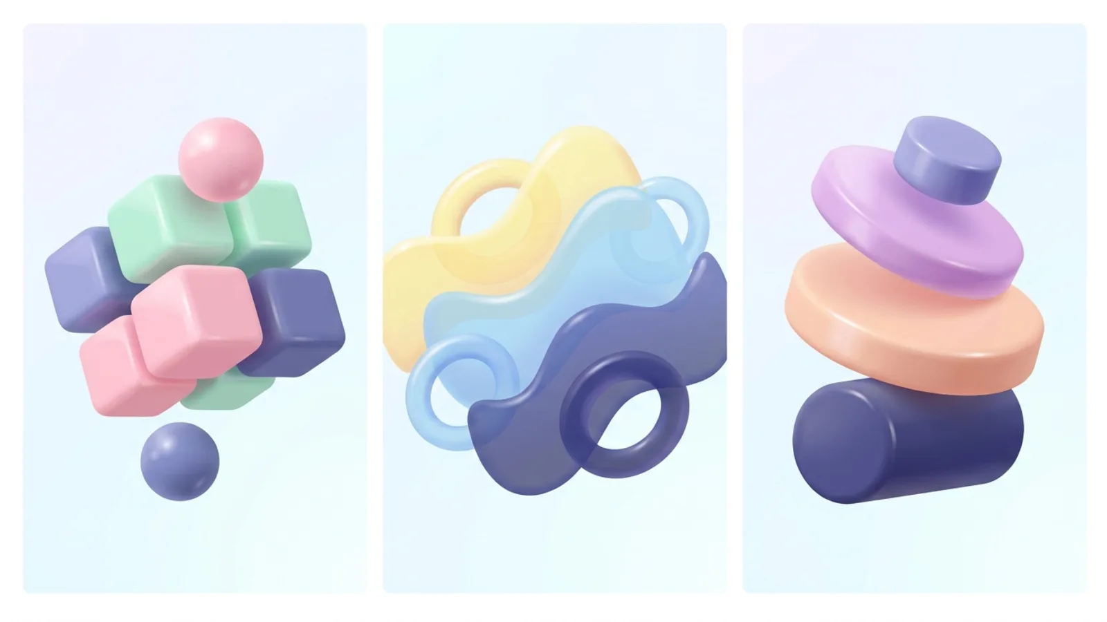 AI-generated feature section visual of three pale blue panels, each holding a pastel 3D arrangement of cubes, looping waves, and stacked discs