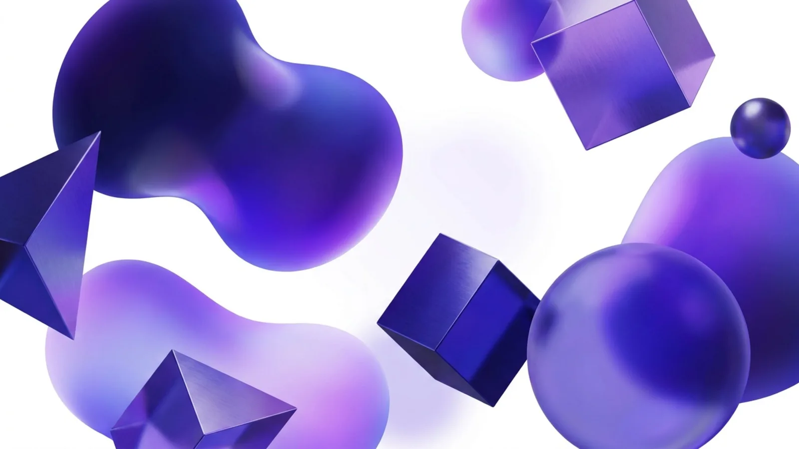 AI-generated landing page hero of glossy violet and indigo 3D shapes, blobs, cubes, spheres, and pyramids, floating on a white background