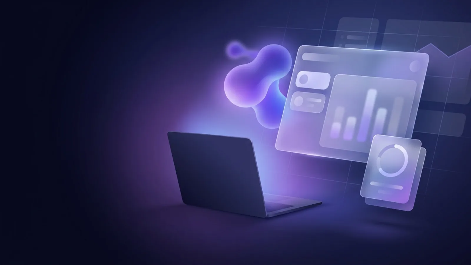 AI-generated SaaS hero image of an open laptop on a deep violet background, with translucent dashboard panels and a glowing purple blob floating above it