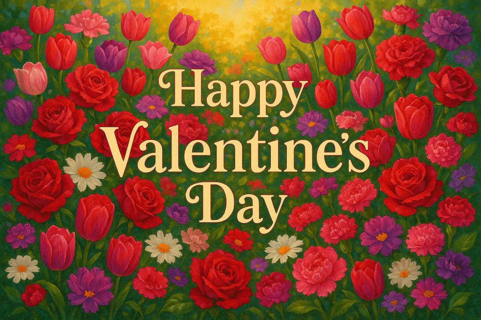 A bright and colorful Valentine's Day scene with abundant blooming flowers in vibrant reds, pinks, purples, and whites. Beautiful roses, tulips, daisies, and carnations arranged in a romantic garden setting. The text "Happy Valentine's Day" displayed prominently in elegant, decorative lettering. Soft golden sunlight illuminating the floral display, creating a cheerful and festive atmosphere. Rich saturated colors, romantic mood, detailed flower petals, lush green foliage background