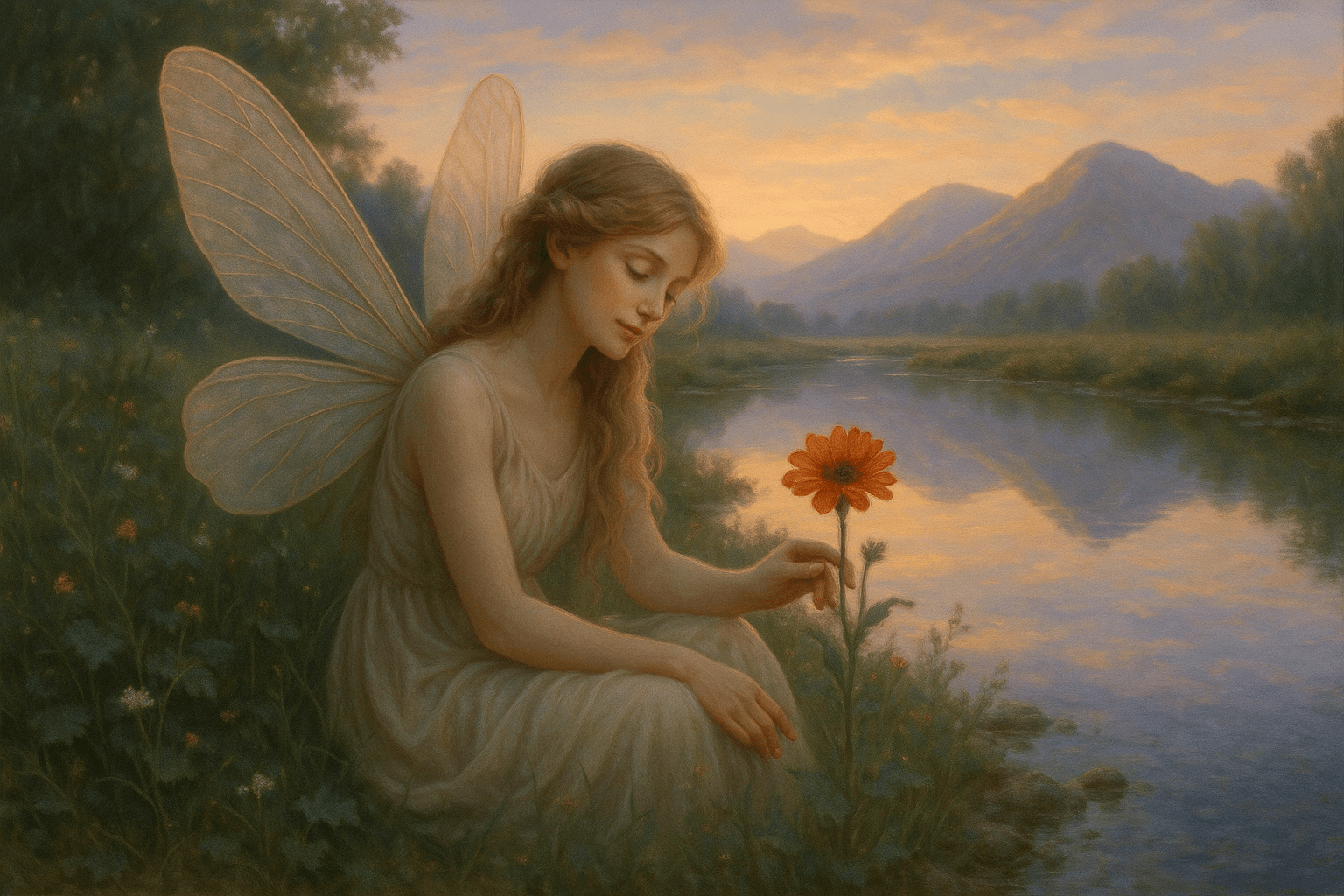 Creation: A peaceful fairy with delicate translucent wings resting gracefully beside a vibrant wildflower near the edge of a calm, crystal-clear stream. The fairy has an ethereal, gentle appearance with flowing hair and soft features. In the background, rolling mountains rise majestically under a serene sky painted in soft pastel colors of dawn or dusk. The scene is bathed in warm, golden light filtering through the peaceful atmosphere. Lush greenery and small wildflowers dot the streambank. The water reflects the sky and mountains perfectly, creating mirror-like reflections. Shot with soft natural lighting, dreamy and tranquil mood, fantasy art style with photorealistic details.