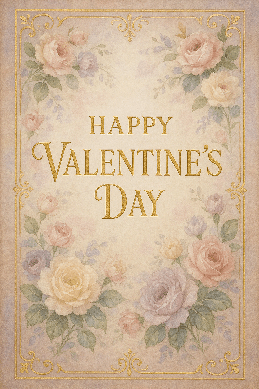A romantic book cover design with "Happy Valentine's Day" text, featuring elegant gold foil accents and touches, soft pastel color palette with blush pink, lavender, and cream tones, delicate floral elements like roses and peonies, ornate golden borders and decorative flourishes, luxurious typography with gold lettering, dreamy watercolor texture background, vintage romantic aesthetic, soft lighting, premium book cover layout with space for title and author, elegant and sophisticated design