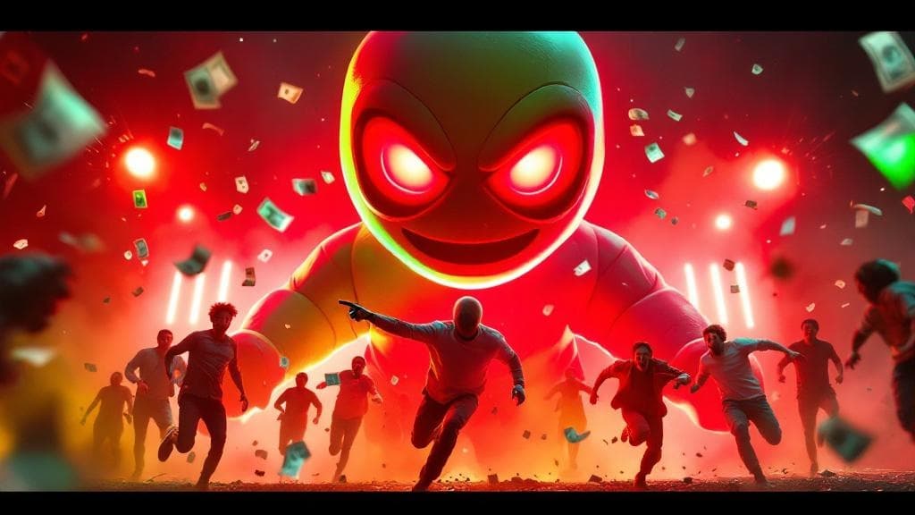 Ultra HD, bright MrBeast-style YouTube thumbnail of a REAL LIFE Squid Game challenge — giant red/green 'Red Light Green Light' doll in the background, players running in fear, one player getting eliminated with dramatic red glow effect, MrBeast pointing surprised, extreme expressions, vibrant colors, high contrast, sharp lighting, money flying in the air, cinematic look, 16:9, super detailed, viral style
