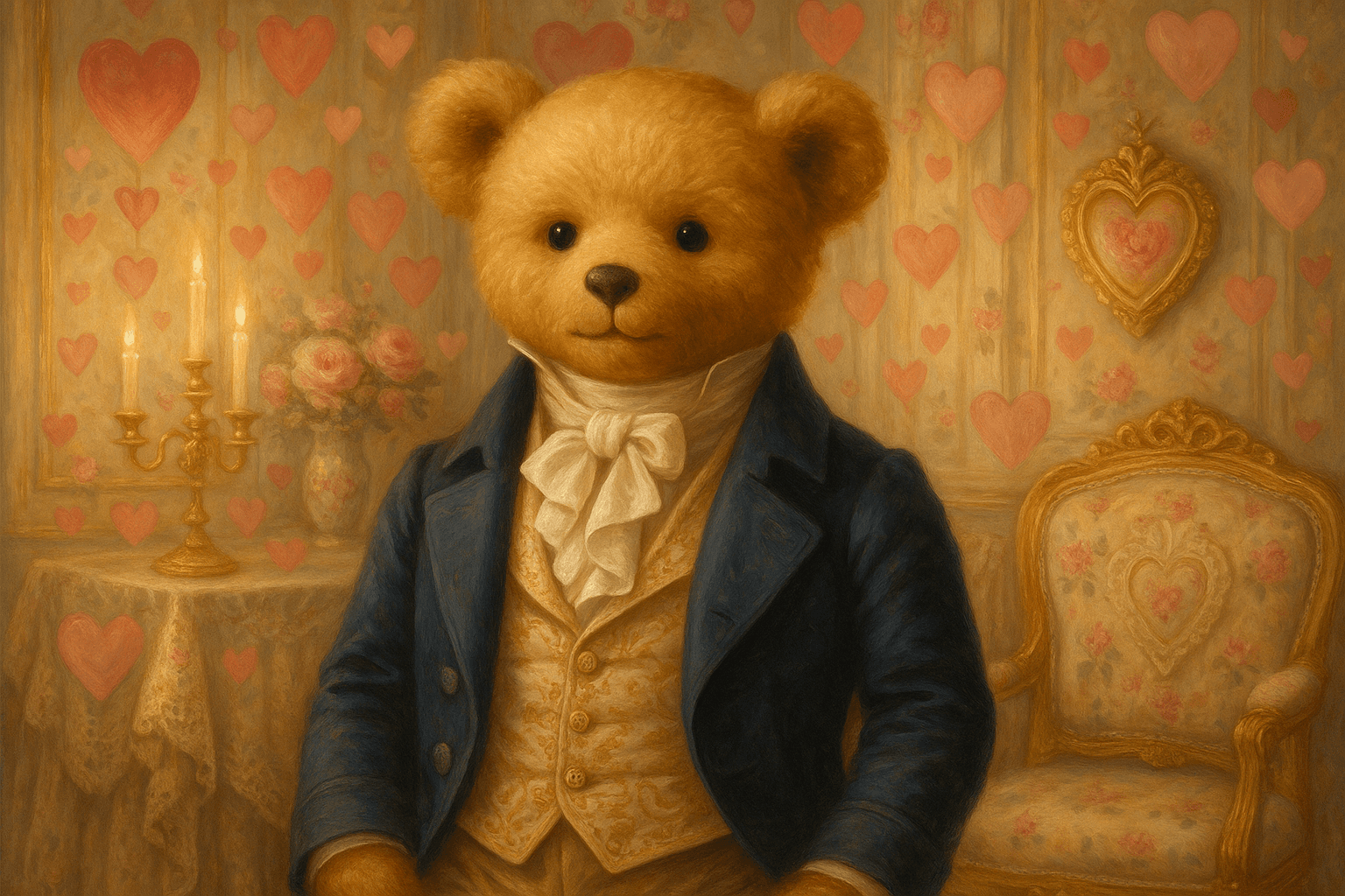A dapper teddy bear in Bridgerton aesthetic style, wearing an elegant Regency-era outfit with a tailcoat, cravat, and ornate vest, set in a romantic Victorian parlor with soft pastel colors, lots of decorative hearts floating around, heart-shaped ornaments, romantic floral patterns, luxurious fabrics, candlelight ambiance, ornate furniture, and delicate lace details, painted in a dreamy romantic style with warm golden lighting