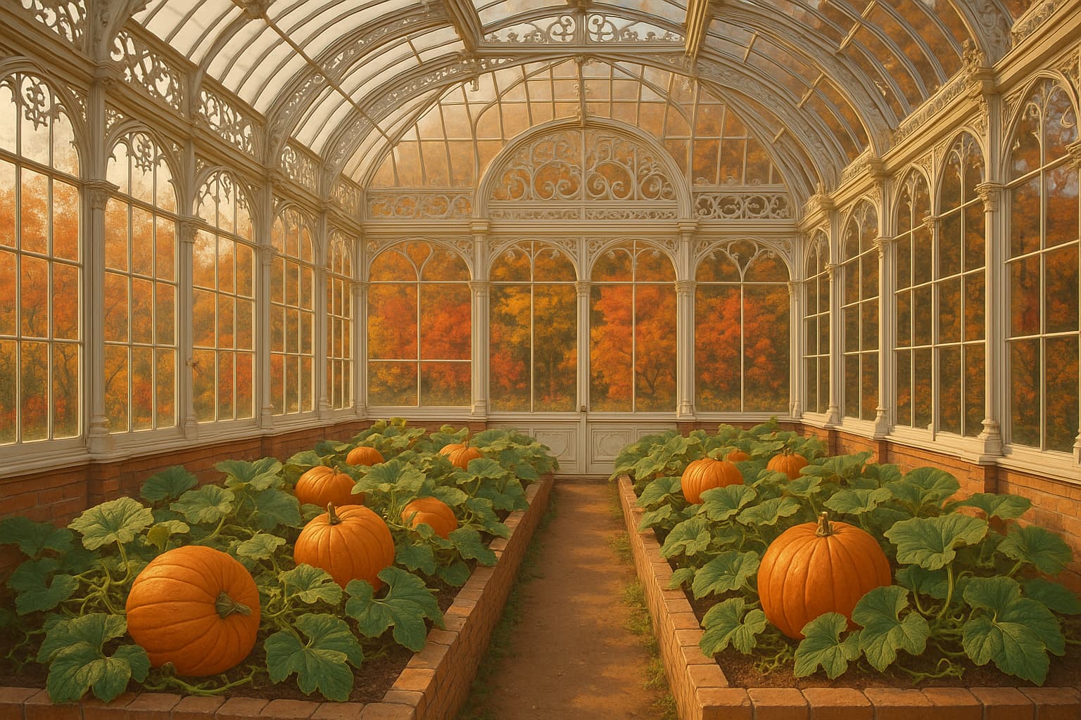 A beautiful white Victorian greenhouse with ornate glass panels and decorative ironwork. Inside the greenhouse are raised flower beds filled with luscious pumpkin patches - large orange pumpkins growing on sprawling vines with broad green leaves. Through the large glass windows, you can see autumnal trees with vibrant fall foliage in shades of red, orange, and gold. The scene has warm, soft lighting filtering through the glass, creating a cozy autumn atmosphere. The greenhouse has classic Victorian architectural details like curved glass roof sections and elegant white painted metal framework.