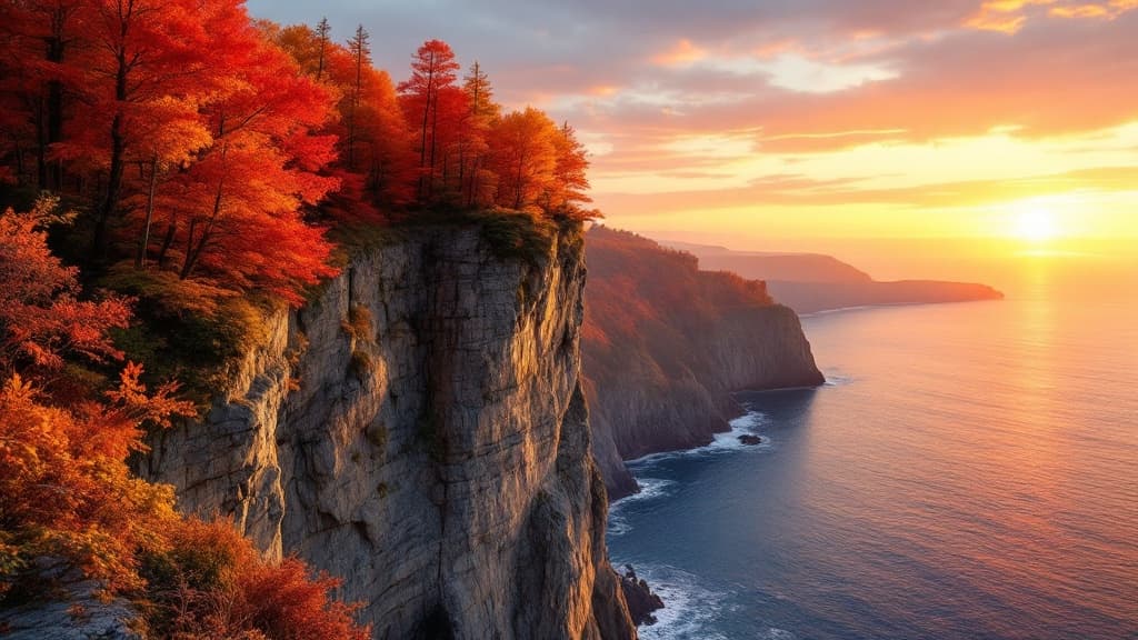 A dramatic cliffside covered in autumnal trees with vibrant fall foliage in shades of red, orange, yellow, and gold, overlooking a vast ocean at sunset. The warm golden sunlight illuminates the colorful leaves and creates a stunning reflection on the water below. The cliff face is rugged and majestic, with the autumn trees creating a beautiful canopy. The sunset sky shows warm hues of orange, pink, and purple blending into the horizon where the ocean meets the sky. Peaceful and scenic landscape photography style.
