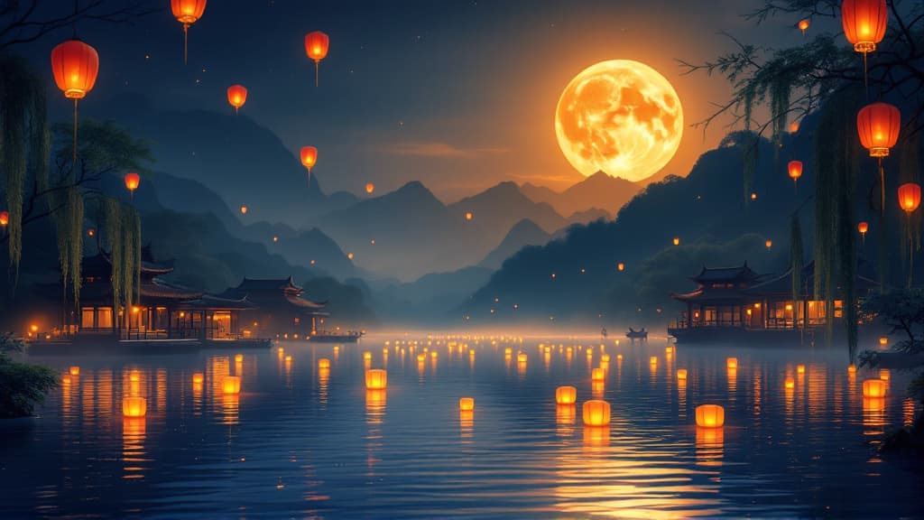 A breathtaking Mid-Autumn Festival night scene set over a serene traditional Chinese lake. A full, luminous golden moon rises large and radiant in the deep indigo sky, casting a warm golden path across the still water below. Dozens of glowing red and gold paper lanterns drift gracefully across the water's surface and ascend into the night sky, their warm light reflecting in shimmering ripples. Elegant willow trees drape their long, delicate branches at the lake's edges, silhouetted softly against the moonlit mist. Misty, layered mountains recede into the atmospheric distance, wrapped in soft silver-blue haze. Traditional Chinese pavilions and curved rooftops peek through the willows on the shoreline. The water's surface mirrors the moon, the lanterns, and the sky in a perfect, glassy reflection. Rich cinematic atmosphere with deep indigo and midnight blue skies transitioning to warm amber and gold near the moon and lanterns. The mood is magical, peaceful, and deeply festive — evoking the spirit of the Mid-Autumn Festival. Painterly digital art with cinematic quality, lush detail, soft volumetric light, ambient glow, and a dreamlike yet grounded atmosphere. Wide 16:9 cinematic landscape composition with strong foreground-to-background depth.