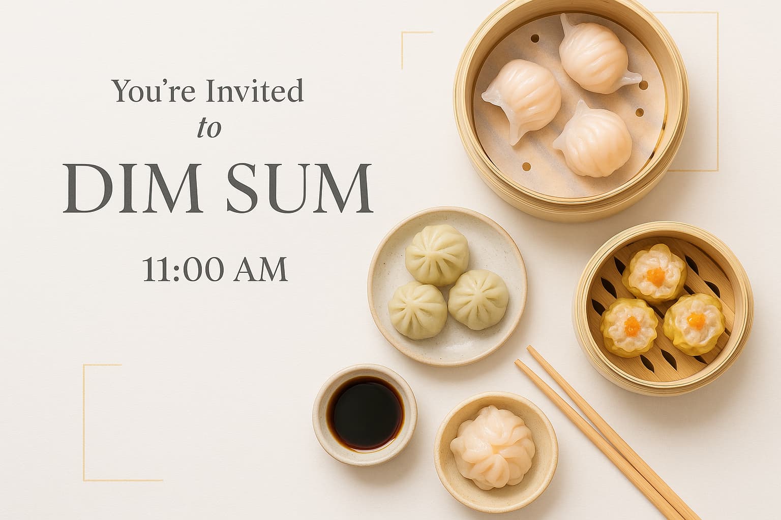 Modern and clean dim sum invitation design. Minimalist layout with elegant typography. Text reads "You're Invited to Dim Sum" and "11:00 AM" prominently displayed. Clean white background with subtle geometric elements. Beautiful food photography style images of various dim sum dishes like steamed dumplings, har gow, siu mai arranged artistically. Soft pastel color palette with touches of gold accents. Professional graphic design, sophisticated and inviting aesthetic. High-end restaurant invitation style.
