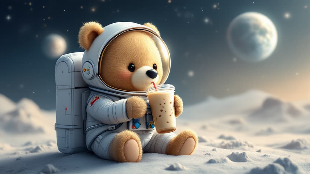 Creation: a cute bear wearing an astronaut suit sipping a boba on the moon